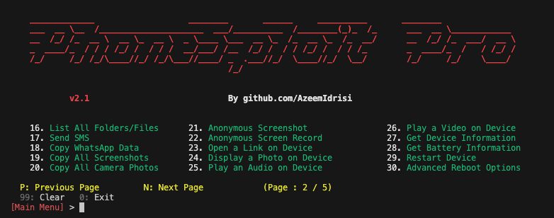 PhoneSploit Pro device control panel with shell, screenshot, and recording options